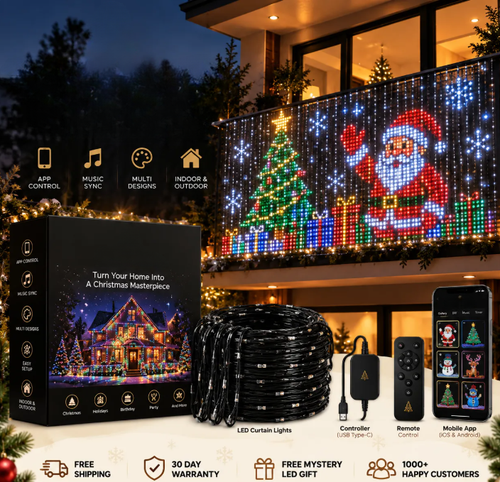 GlowCanvas Smart Christmas LED Pixel Curtain Lights | App-Controlled Colorful Animations & DIY Effects for Balcony, Window & Patio